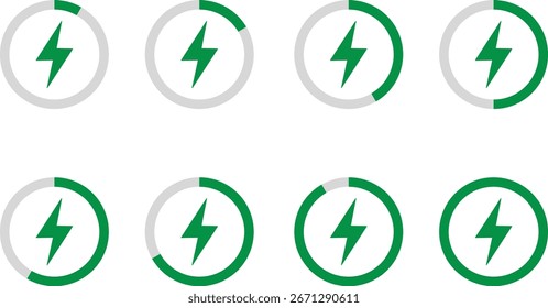 Ícone do Indicador de Carregamento da Bateria Circular. representando o sinal de energia. Progresso do nível de energia verde com símbolo de raio. raio parafuso e cabo USB