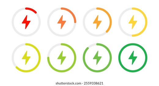 Circle battery charging indicators with lightning symbol icon set. Charge level round diagram infographic vector illustration. Battery capacity progress bar symbol. Circular accumulator power sign.