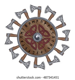 El círculo de ejes de batalla Viking, escudo Viking decorado con pistas nórdicas, ilustración vectorial, eps-10