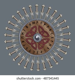 The circle of battle swords Viking, shield Viking decorated with Nordic runes, vector illustration, eps-10