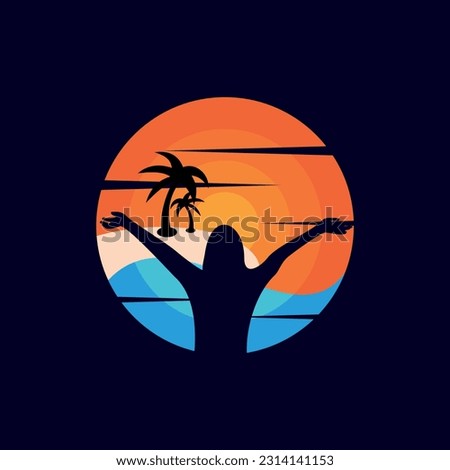 Circle Beach and Woman surrendering with both hands raised in air creative logo, logo design template element vector