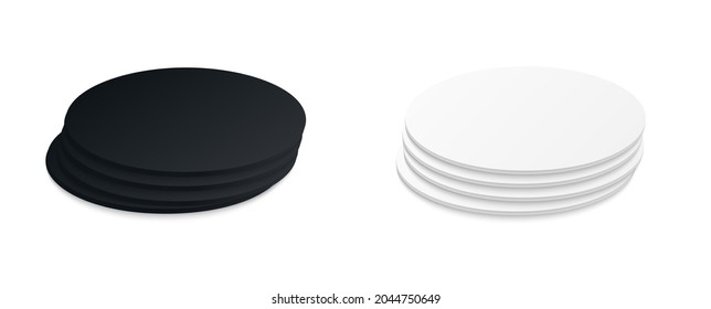 Circle beer coaster. Empty black and white mockup. Pprotection coaster for beer glasses, tea cups isolated on white background. Branding template vector illustration