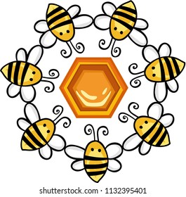 Circle of bees around a honeycomb