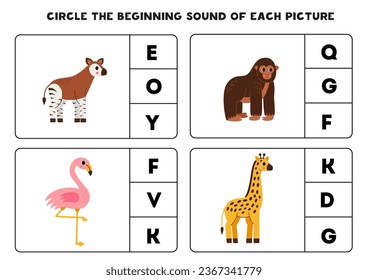 Circle the beginning sound of cute African animals. Educational game for kids.