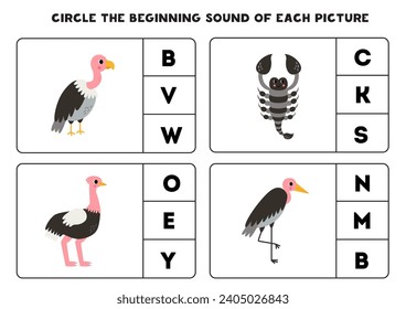 Circle the beginning sound of cute African animals. Educational game for kids.