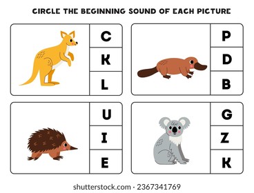 Circle the beginning sound of cute Australian animals. Educational game for kids.