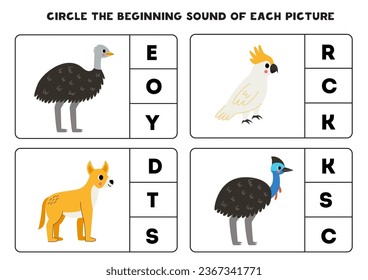 Circle the beginning sound of cute Australian animals. Educational game for kids.