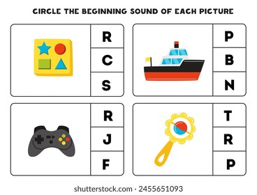 Circle the beginning sound of cute cartoon toys. Educational game for kids.