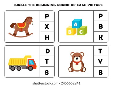 Circle the beginning sound of cute cartoon toys. Educational game for kids.