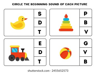 Rodea el sonido inicial de los juguetes de dibujos animados lindos. Juego educativo para niños.