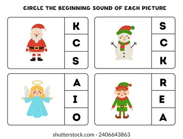 Circle the beginning sound of cute Christmas characters. Educational game for kids.