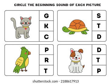 Circle the beginning sound of cute pats. Educational game for kids.