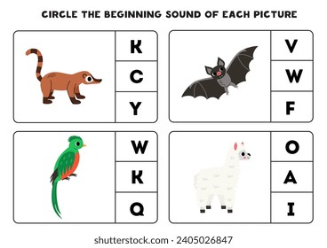 Circle the beginning sound of cute South American animals. Educational game for kids.