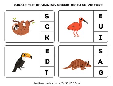 Circle the beginning sound of cute South American animals. Educational game for kids.