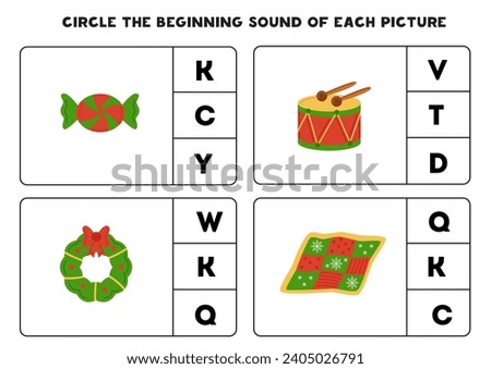 Circle the beginning sound of cute winter elements. Educational game for kids.