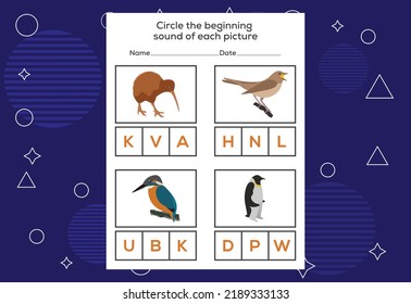 Circle the beginning sound of each bird. Educational game for kids