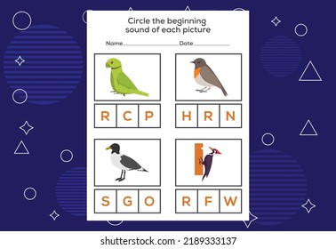 Circle the beginning sound of each bird. Educational game for kids