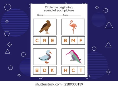 Circle the beginning sound of each bird. Educational game for kids