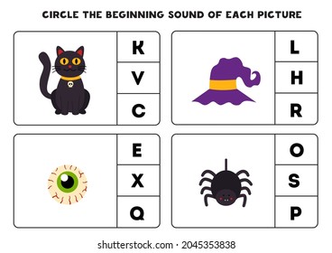 Circle the beginning sound of each Halloween picture. Educational game for kids.