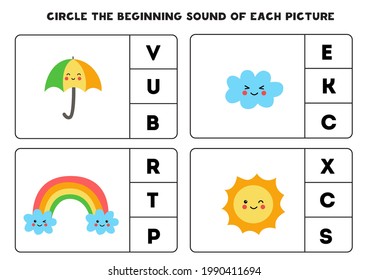 Circle the beginning sound of each picture. Educational game for kids.