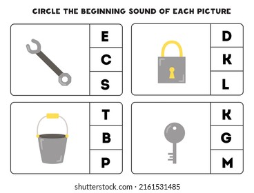 Circle the beginning sound of metal objects. Educational game for kids.