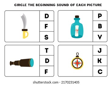 Circle the beginning sound of pirate elements. Educational game for kids.