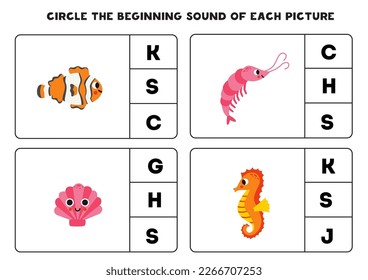 Circle the beginning sound of sea animals. Educational game for kids.