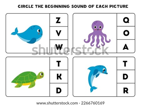 Circle the beginning sound of sea animals. Educational game for kids.