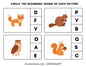 Circle the beginning sound of woodland animals. Educational game for kids.