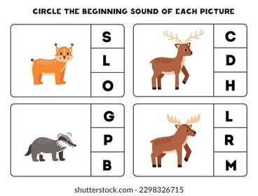 Circle the beginning sound of woodland animals. Educational game for kids.