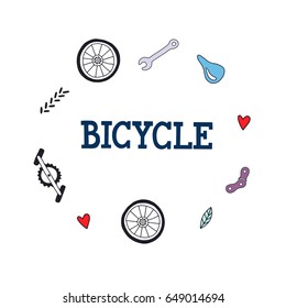 Circle with bicycle season lettering and elements of the bike. Vector Illustration. Can be used as print for poster, t shirt, postcard, logo bike rent, bicycle repair.