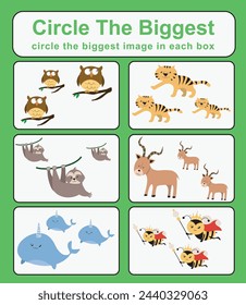 Circle the bigger worksheet. Learning about comparison. Printable activity page for kids. Educational children game. Kids activity sheet. Educational printable worksheet. Vector file.
