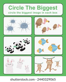 Circle the bigger worksheet. Learning about comparison. Printable activity page for kids. Educational children game. Kids activity sheet. Educational printable worksheet. Vector file.