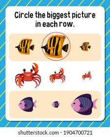 Circle the biggest picture in each row worksheet for children illustration