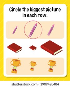 Circle the biggest picture in each row worksheet for children illustration