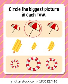 Circle the biggest picture in each row worksheet for children illustration