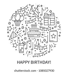 Circle with Birthday Symbols in Line Style. Basic Party Elements Concept Theme. Unique Birthday Round Print. Icons