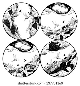 Circle bizarre illustrations set. Abstract doodle designs. Vector illustration.