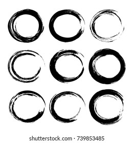 Circle black abstract textured ink strokes set isolated on a white background