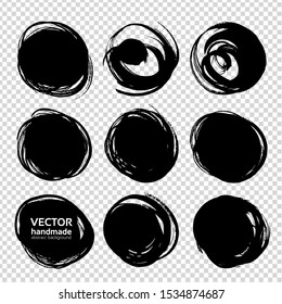 Circle black abstract textured smears isolated on imitation transparent background