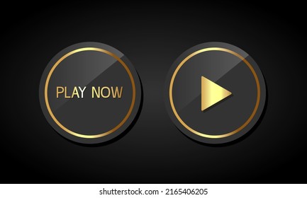 Circle Black Button Play Now. Button With Golden Frame. Vector Clipart Isolated On White Background.