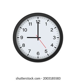 Circle Black Clock Mockup Showing 9 O'clock Isolated on White Background. Vector Illustration