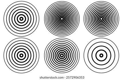 Circle black earthquake icon set. Round vibration graphic or black alert radar. Radio signal. Symbol of waveform burst rays. Concentric circles isolated on white background. Concentric circulation. 77