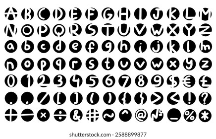 Circle black english latin abc alphabet font with digits and symbols handwritten A to Z, 0 to 9 collection. Vector illustration in doodle style isolated on white background. For design, menu, branding