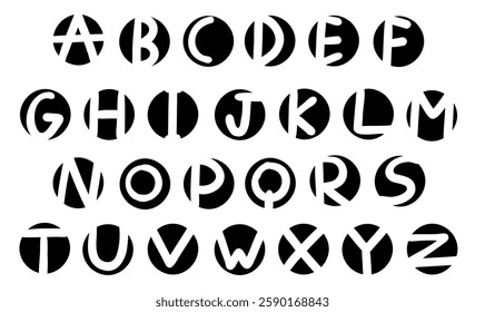 Circle black english latin abc alphabet font with digits and symbols handwritten A to Z collection. Vector illustration in doodle style isolated on white background. For logo, kids book, card, menu.