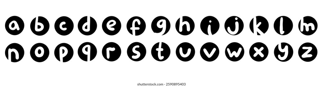 Circle black english latin abc alphabet lower case font handwritten A to Z collection. Vector illustration in doodle style isolated on white background. For kids book, typography, logo, card, menu.