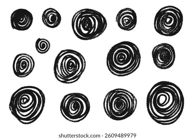 Circle black forms set. Polka dots handmade wax crayon shapes pack. Vector hand drawn round wiggly spirals figures collection illustration isolated on white background.