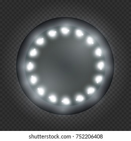 Circle black frame, box, banner or border with shining lights bulbs in vintage retro style on transparent background. Realistic 3d vector illustration.