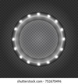 Circle black frame, box, banner or border with shining lights bulbs in vintage retro style on transparent background. Realistic 3d vector illustration.