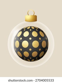 Adorno de cristal negro círculo Vector chuchería para Navidades con estilo y decoración de año Nuevo. Ilustración vectorial de esfera de vidrio transparente dorado para gráfico 3D de Navidad festivo.